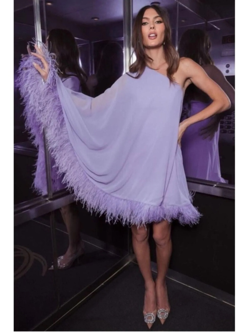 Mac Duggal Lavender One-Shoulder Feather Hem Mini Dress